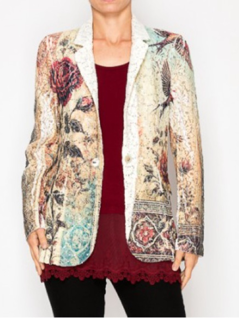 E65. Origami LACE AND SEQUIN BLAZER JACKET WITH PRINT